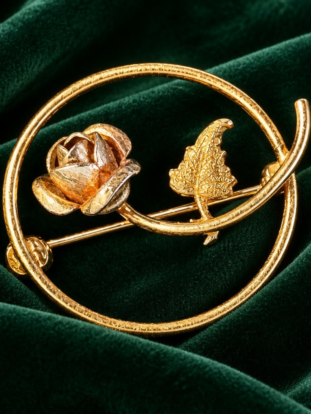 Vintage Krementz Two-Tone Gold Filled Rose & Leaf Circle Brooch